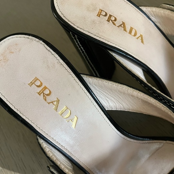 PRADA | Luxury Black Leather White Stitch Criss-Cross Buckle Heel | Size 37.5 - Picture 9 of 10